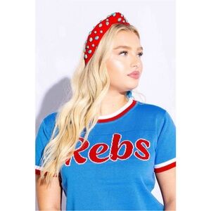 Hello Edie Red Knotted Headband with Blue Gemstone Studs